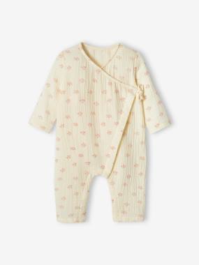 Baby-Pyjamas & Sleepsuits-Wrap-Over Sleepsuit in Cotton Gauze, Special Opening for Newborn Babies