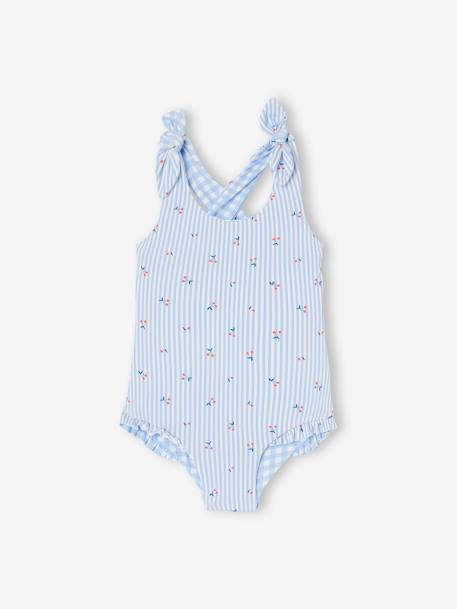 Reversible Swimsuit in Gingham/Stripes & Flowers for Baby Girls sky blue - vertbaudet enfant 