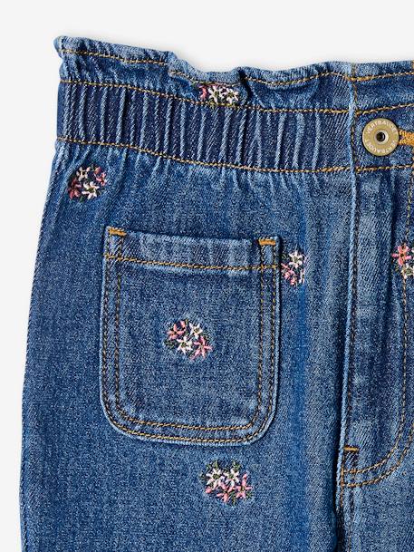 Vertbaudet Paperbag Jeans, Embroidered Flowers, for Girls Denim Blue