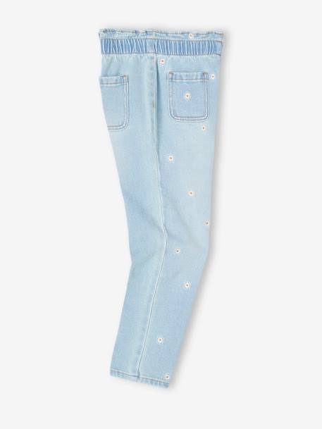 Paperbag Jeans, Embroidered Flowers, for Girls denim blue+double stone - vertbaudet enfant 