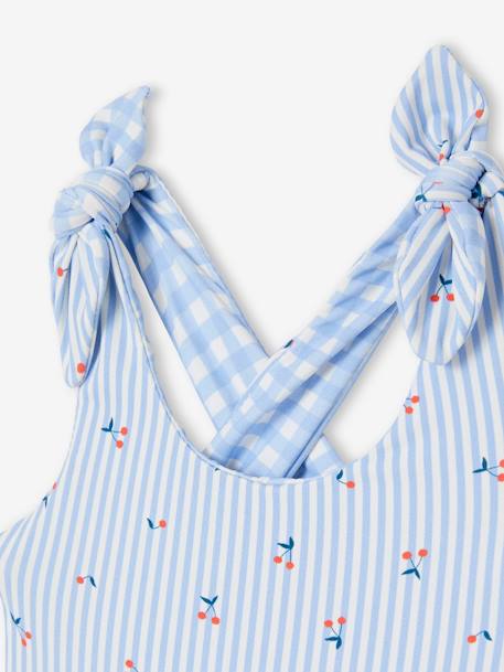 Reversible Swimsuit in Gingham/Stripes & Flowers for Baby Girls - sky blue