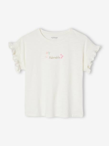 Top with 'Adorable' Embroidery & Smocked Short Sleeves ecru - vertbaudet enfant 