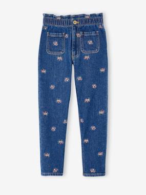 Girls-Jeans-Paperbag Jeans, Embroidered Flowers, for Girls