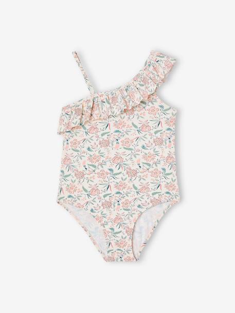 Printed, Asymmetric Swimsuit with Ruffle, for Girls peach - vertbaudet enfant 