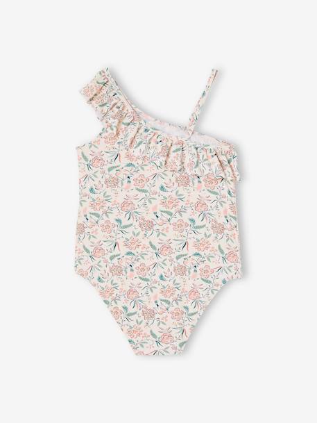 Printed, Asymmetric Swimsuit with Ruffle, for Girls peach - vertbaudet enfant 
