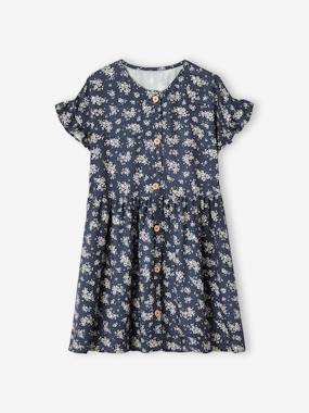 Buttoned Dress with Flowers for Girls  - vertbaudet enfant