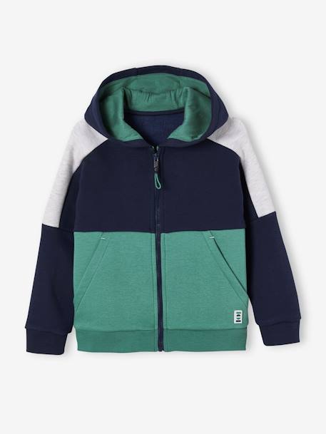 Sports Jacket with Zip & Hood, Colourblock Effect, for Boys green+marl grey+royal blue - vertbaudet enfant 