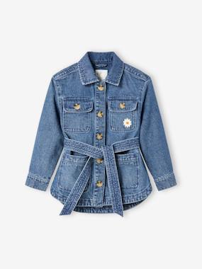 -Denim Safari Jacket with "love" Embroidered on the Back, for Girls
