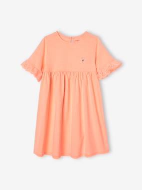 -Short Sleeve Dress in Broderie Anglaise, for Girls