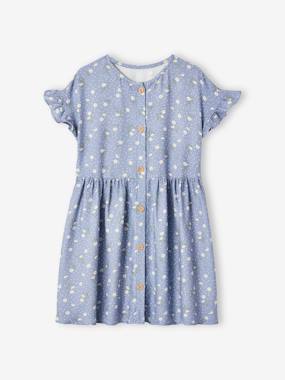 Buttoned Dress with Flowers for Girls  - vertbaudet enfant