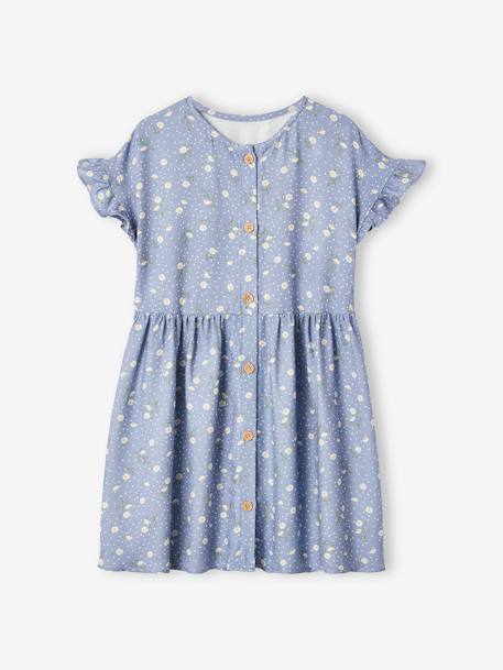 Buttoned Dress with Flowers for Girls azure+blue+ecru+navy blue - vertbaudet enfant 