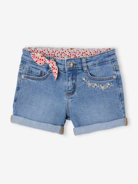 Denim Shorts with Floral Print & Embroidered Bow, for Girls  - vertbaudet enfant