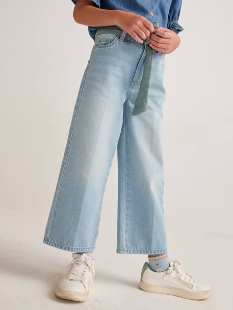 Wide Jeans & Cotton Gauze Belt, Ankle Length, for Girls double stone+stone - vertbaudet enfant 