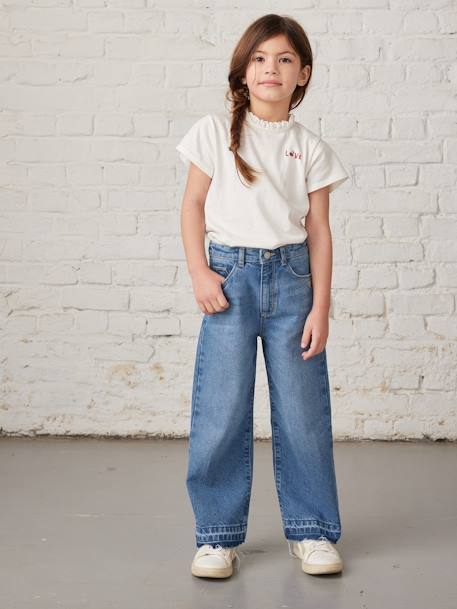 Jean fille large bas effiloché denim bleached+gris+stone - vertbaudet enfant 