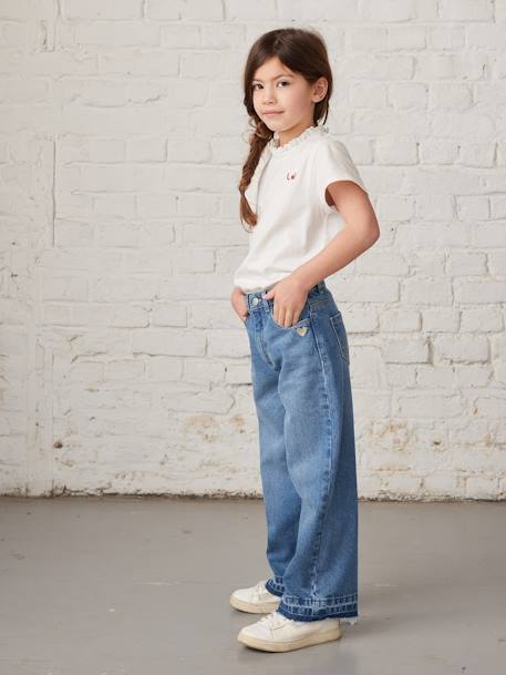 Jean fille large bas effiloché denim bleached+gris+stone - vertbaudet enfant 