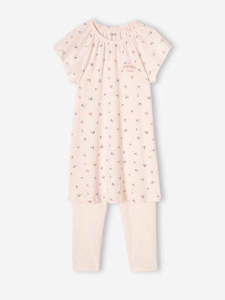 Chemise de nuit en maille côtelée 'cerises' + legging uni fille rose nude - vertbaudet enfant 