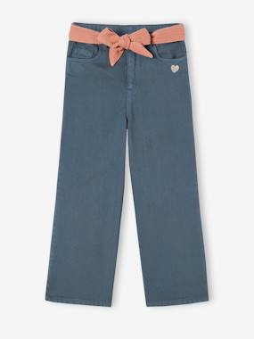 Girls-Flared Trousers in Cotton Gauze, with Belt, for Girls