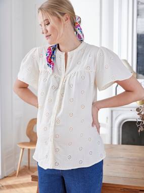 -Embroidered Cotton Gauze Blouse, Maternity & Nursing Special