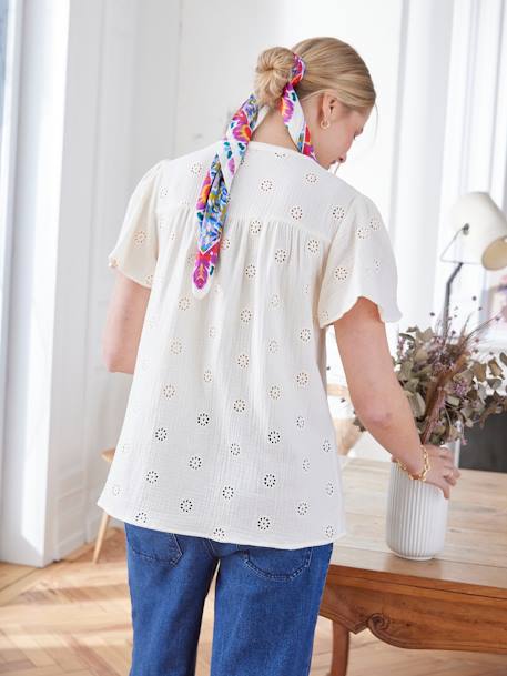 Embroidered Cotton Gauze Blouse, Maternity & Nursing Special ecru+terracotta - vertbaudet enfant 