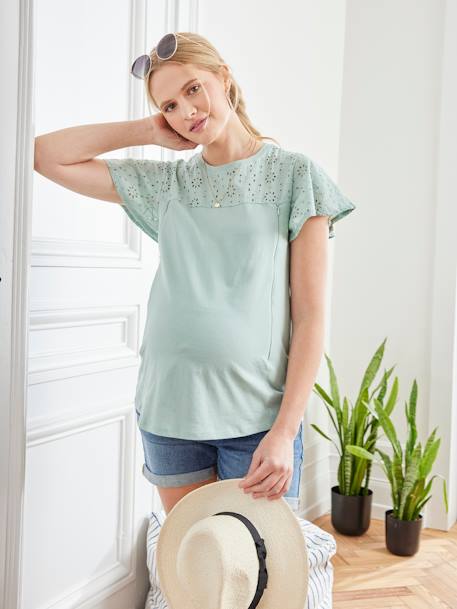 Dual Fabric Top, Maternity & Nursing Special mint green+pearly grey - vertbaudet enfant 