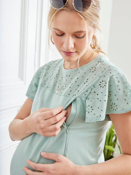 Dual Fabric Top, Maternity & Nursing Special mint green+pearly grey - vertbaudet enfant 