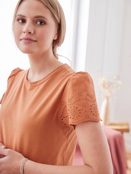 Short Sleeve Dual Fabric T-Shirt for Maternity ecru+terracotta - vertbaudet enfant 