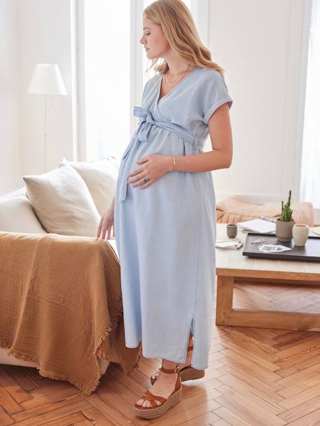 Long Wrap-Over Dress in Light Denim, Maternity & Nursing Special stone - vertbaudet enfant 
