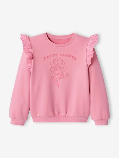 Sweatshirt with Flocked Flower Motif & Broderie Anglaise Ruffles, for Girls sweet pink - vertbaudet enfant 