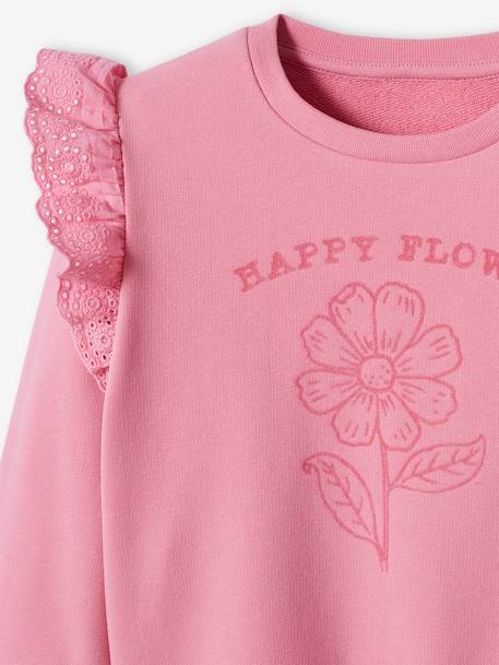 Sweatshirt with Flocked Flower Motif & Broderie Anglaise Ruffles, for Girls sweet pink - vertbaudet enfant 