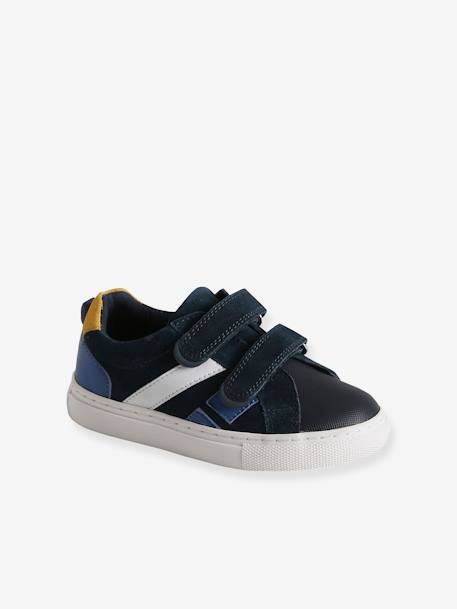 Leather Trainers with Hook-and-Loop Fasteners for Boys, Designed for Autonomy beige+navy blue+set blue - vertbaudet enfant 