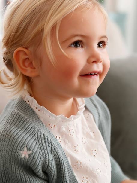 Gilet bébé brodé en côtes anglaises écru+marine+vert d'eau - vertbaudet enfant 