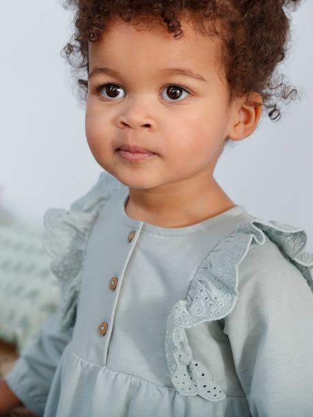 Fleece Dress, Broderie Anglaise Ruffle, for Babies coral+grey blue - vertbaudet enfant 