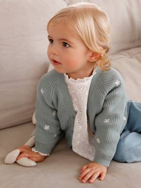 -V-Neck, Brioche Stitch Cardigan with Embroidery, for Babies