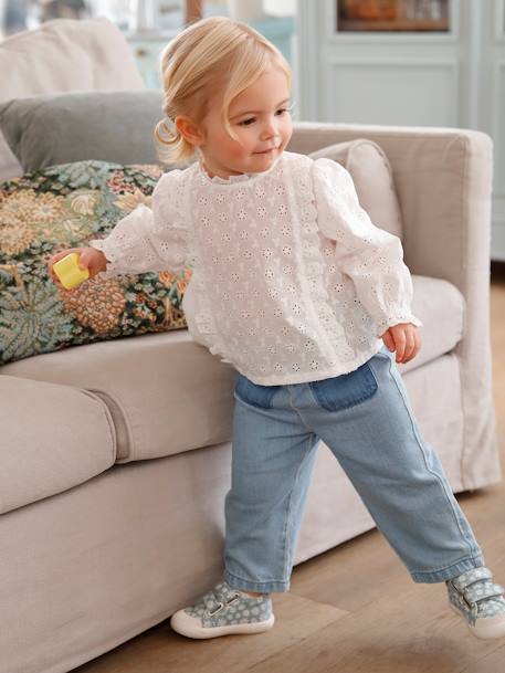 Blouse bébé broderie anglaise à volants blanc+bleu ciel+rose bonbon - vertbaudet enfant 