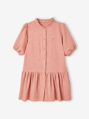 -Cotton Gauze Dress with Buttons, 3/4 Sleeves, for Girls
