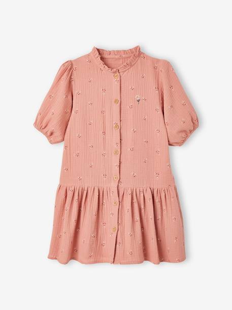 Cotton Gauze Dress with Buttons, 3/4 Sleeves, for Girls blush+mustard - vertbaudet enfant 