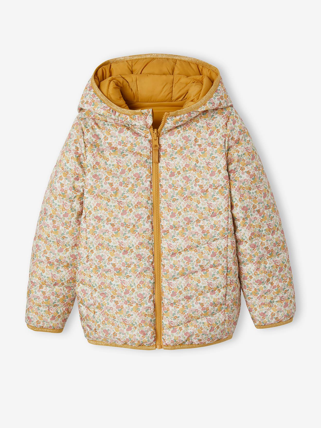 Doudoune Légère à Capuche Fleurie VERTBAUDET – Pour Fille, Mi-saison, Matelassée, 2 Poches