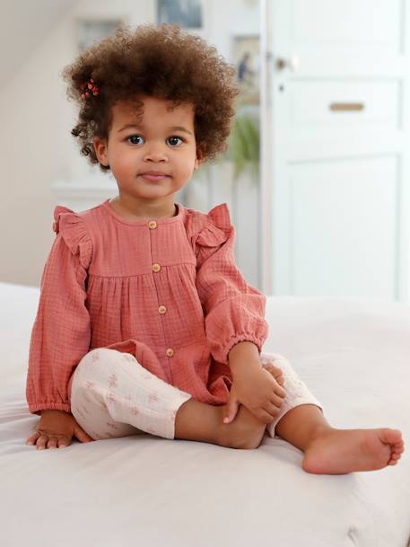 Blouse in Cotton Gauze with Ruffles, for Babies aqua green+old rose - vertbaudet enfant 