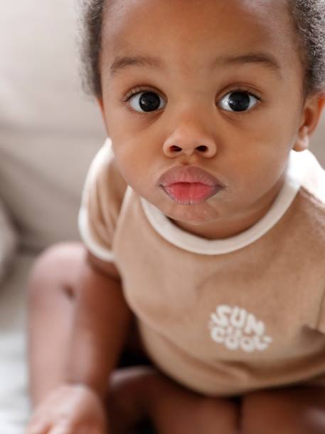 Ensemble bébé tee-shirt + short en éponge rayé bleu+taupe - vertbaudet enfant 