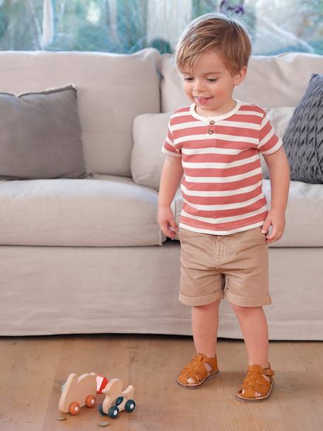 Striped Short Sleeve T-Shirt in Honeycomb for Babies tomato red - vertbaudet enfant 