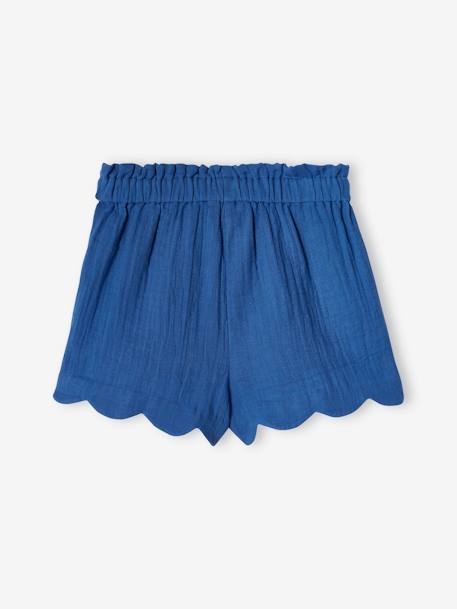 Shorts in Cotton Gauze with Scalloped Trim for Girls blue+coral+nude pink+printed blue - vertbaudet enfant 