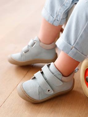 Shoes-Boots in Soft Leather with Hook-and-Loop Straps, for Babies, Designed for Crawling
