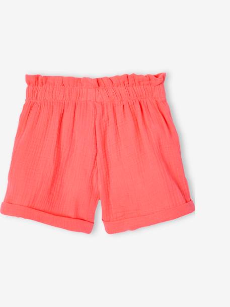 Paperbag Shorts in Cotton Gauze for Girls almond green+coral+pale blue+PINK LIGHT SOLID+vanilla - vertbaudet enfant 