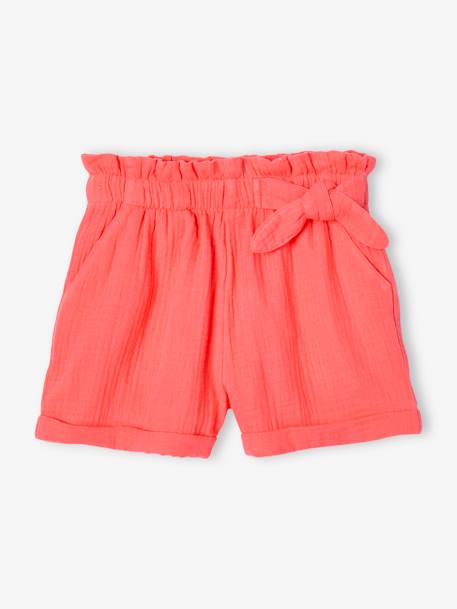 Paperbag Shorts in Cotton Gauze for Girls almond green+coral+pale blue+pale yellow+vanilla - vertbaudet enfant 