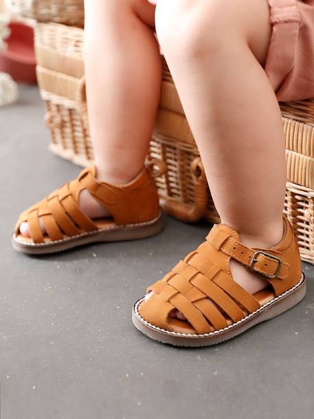 Closed-Toe Leather Sandals for Babies BEIGE DARK SOLID+BLUE DARK SOLID - vertbaudet enfant 
