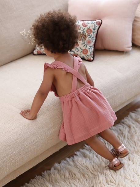 Robe bébé en gaze de coton bretelles à volants vert d'eau+vieux rose - vertbaudet enfant 
