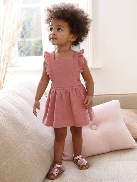 Robe bébé en gaze de coton bretelles à volants vert d'eau+vieux rose - vertbaudet enfant 