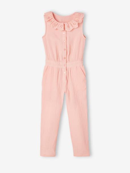 Cotton Gauze Jumpsuit for Babies, Broderie Anglaise Collar, for Girls pale pink+sage green - vertbaudet enfant 
