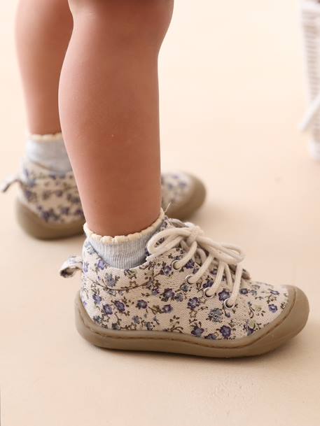 Soft Fabric Boots with Laces, for Babies, Designed for Crawling printed beige - vertbaudet enfant 