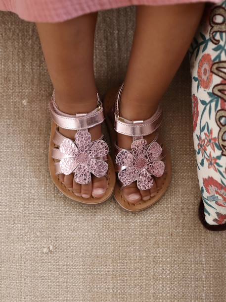 Leather Sandals with Hook-and-Loop Strap, for Baby Girls rose - vertbaudet enfant 